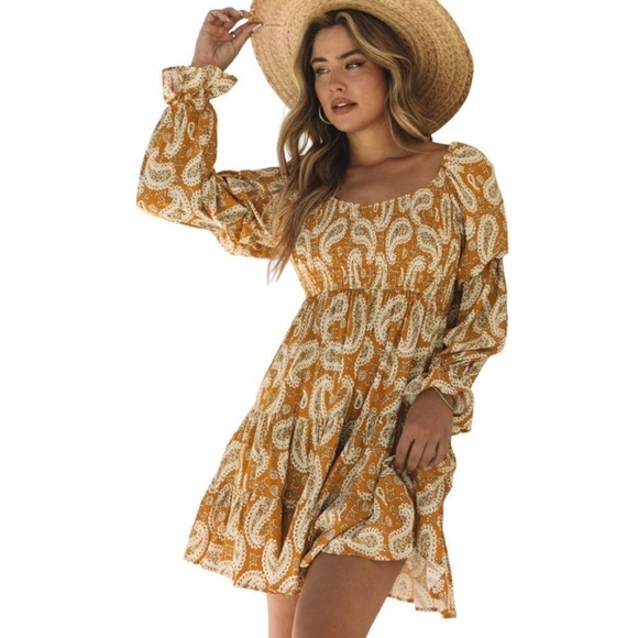 Yellow Sunny Bohemian Bliss: Paisley Long Sleeve Floral Dress size Large NWOT - Picture 2 of 14